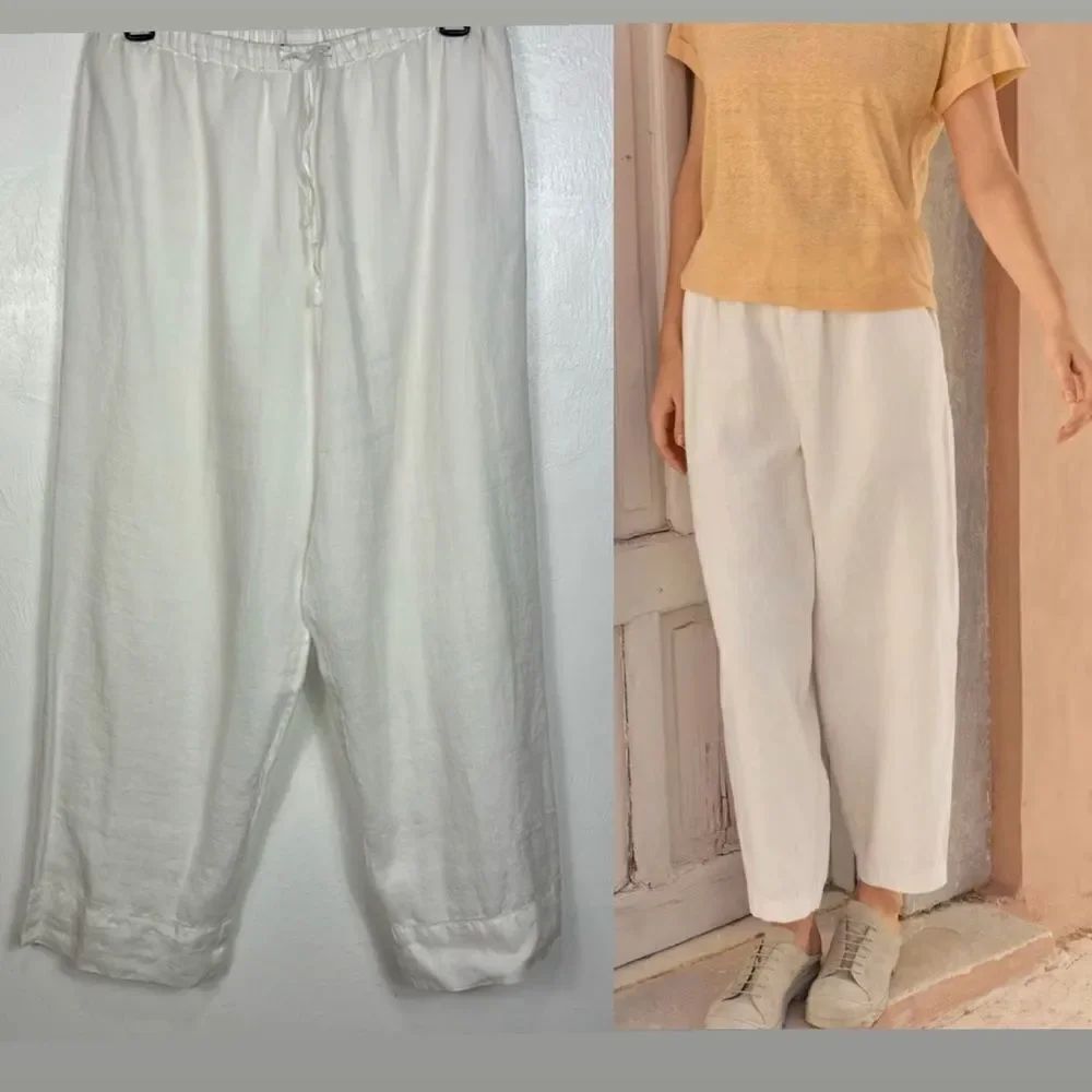 MIST Linen White Straight Leg Lined High Rise Crop Pants Size M